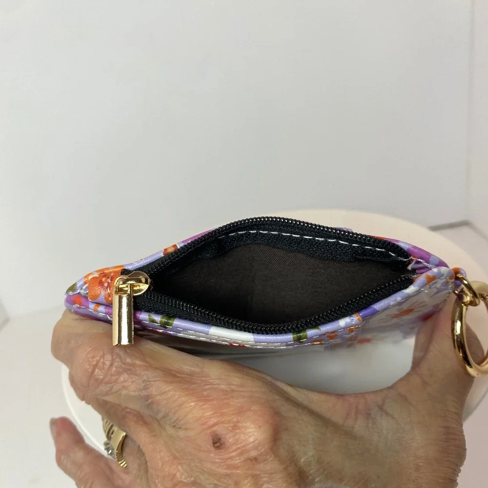 Purple Floral Card‎ Holder Wallet with ID Window Keyring and Zipper Pocket